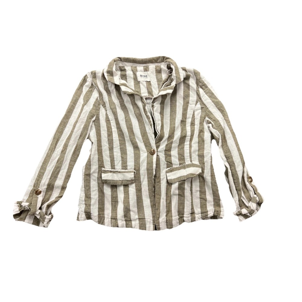 Mine Los Angeles Linen Blazer Jacket Womens Large Green White Striped Cotton